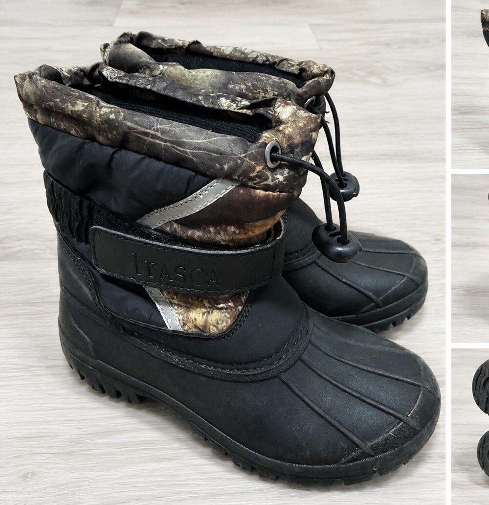 Itasca Kids Camo Black Insulated Winter Snow Boots Drawstring Strap